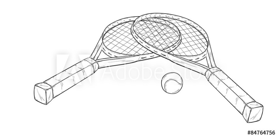 Afbeeldingen van Two tennis racquets and ball sketch